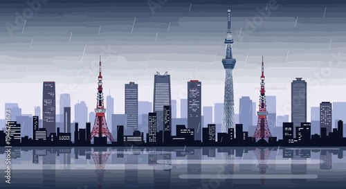 Pixel Art Tokyo Cityscape with Iconic Towers in Rainy Weather