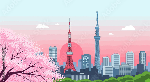 Pixel Art Tokyo Skyline with Sakura Blossoms and Sunset