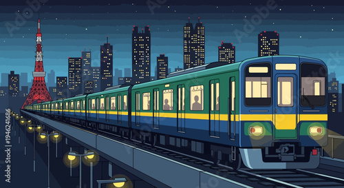 Pixel Art Train Traveling Through Tokyo Cityscape at Night