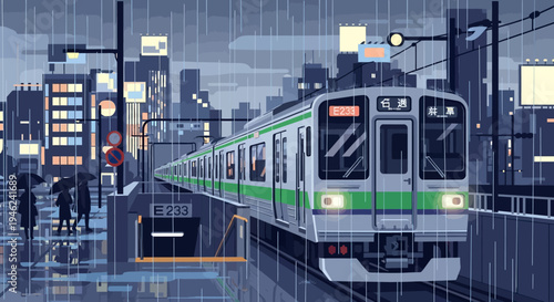 Pixel Art Train Station in Rainy City at Night