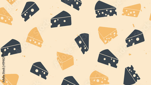 Seamless Pattern of Cheese Slices, Food Background, Kawaii Style