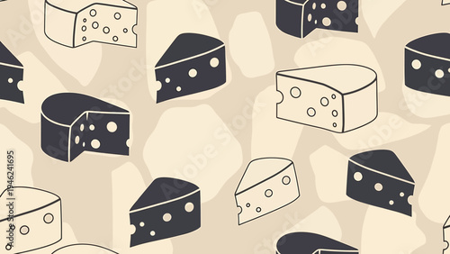 Seamless Pattern of Cheese Slices and Wheels, Food Illustration