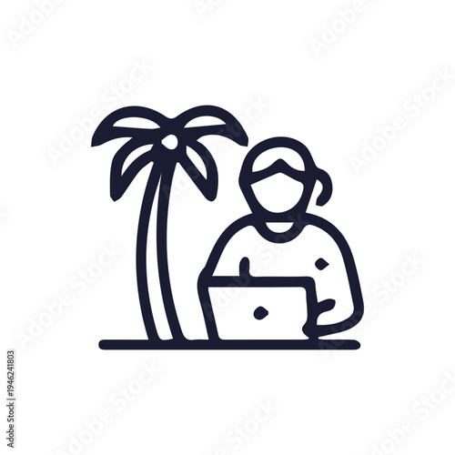 Digital Nomad Woman Working Remotely On Laptop Under Palm Tree Icon