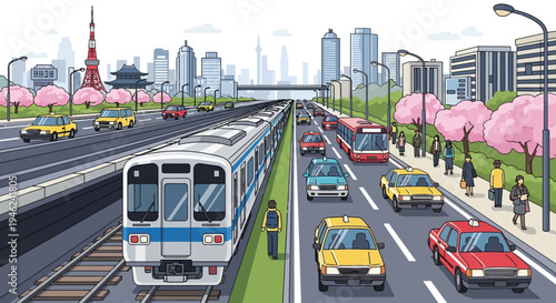 Urban Cityscape with Commuter Train and Traffic on Busy Road