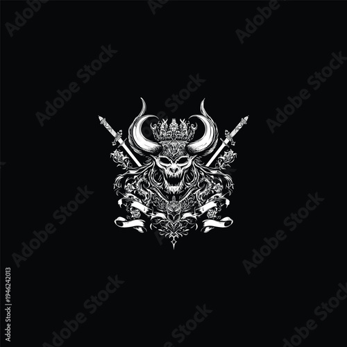 Intricate white ink illustration of a demonic crowned skull with large horns, crossed swords, and ornate floral flourishes on a solid black background.
