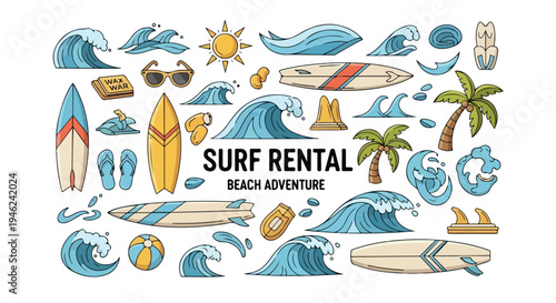 Flat lay illustration of various beach and surf icons including surfboards, waves, and palm trees with a surf rental advertisement on a white background with a playful and adventurous mood.