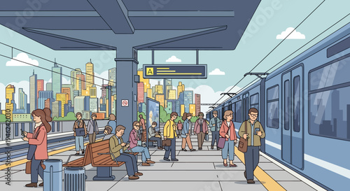 Commuters Waiting at a Modern Subway Station Platform with City Skyline Background