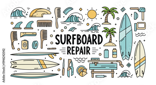 Flat lay illustration of various surfboard repair tools and accessories with a beachy theme.