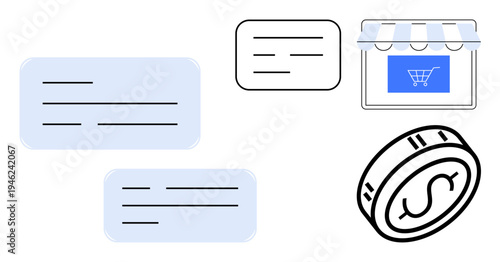 E-commerce, digital payments, online shopping, retail transactions, financial apps, web design. Coin graphic, shopping cart storefront and text boxes. E-commerce and digital payments concept