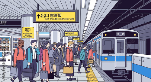 Pixel Art Illustration of Commuters Waiting for a Train at a Japanese Subway Station Platform