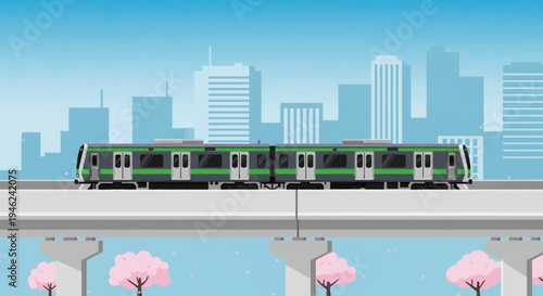 Modern City Commuter Train Moving on Elevated Track with Cherry Blossoms