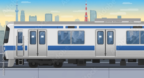 Modern Subway Train Moving Through Tokyo Cityscape Vector Illustration