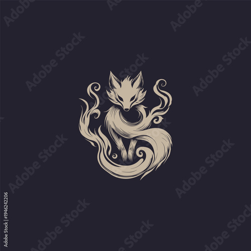 Mystical kitsune fox illustration with swirling smoke trails in a vintage hand-drawn style.