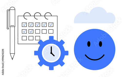 Time management concept. Time management by icons of a calendar, clock gear, and a smiling face. Time management improves efficiency and productivity. Great for planning, organization, workflow