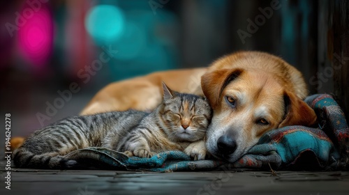 Wallpaper Mural Stray dog and cat sleeping curled up together on jacket in moody neon lit city alleyway reflecting blue and pink lights on wet cobblestones. Torontodigital.ca
