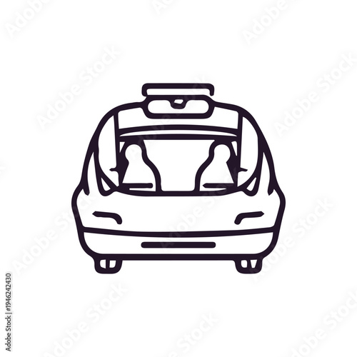 Minimalist Line Art Icon Of A Car Rear View With Two Passengers