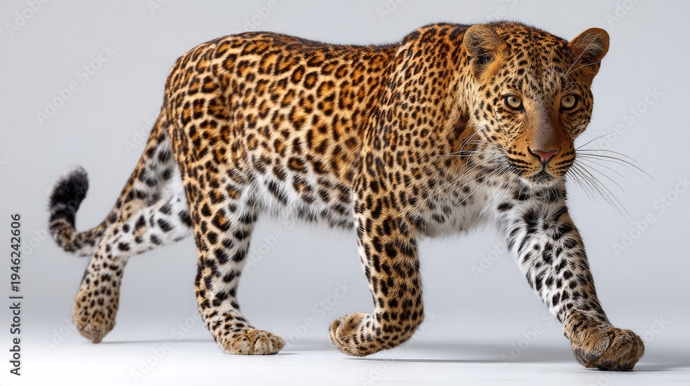 Fototapeta premium Majestic Full-Body Shot of a Leopard Walking Gracefully Against a Clean Background, Showcasing Its Distinctive Spots and Powerful Presence