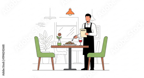 Waiter serving food and drink at cozy restaurant table with green chairs and flower