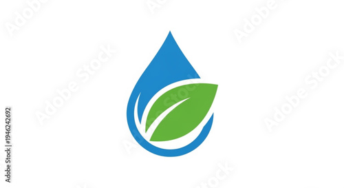 Eco friendly water droplet logo with green leaf symbolizing nature and sustainability on white background