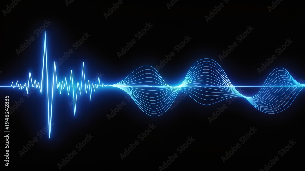 Fototapeta premium Bright neon blue glowing abstract digital sound wave or equalizer on a dark black background showing dynamic data visualization