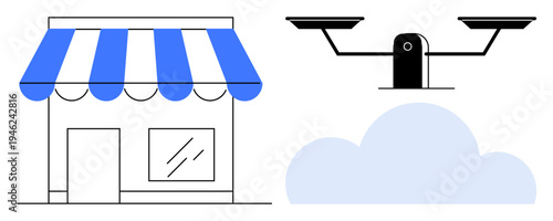 Retail safety, cloud storage, modern surveillance, e-commerce security, small business operations, data protection. A shopfront with awning, security camera and cloud. Retail safety and cloud