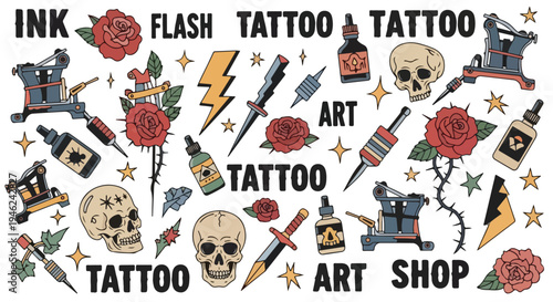 Collage of various tattoo art designs and tools on a white background with bold graphics.