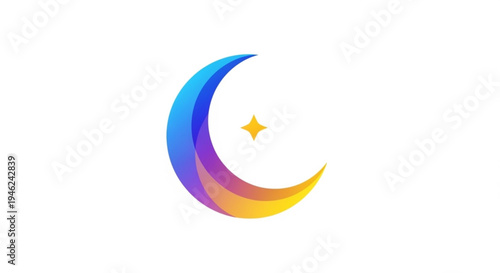 Colorful crescent moon symbol with star on white background representing night sky and celestial magic