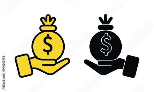 Yellow Black Hands Holding Dollar Sacks: Giving Receiving Icon Pair Vector