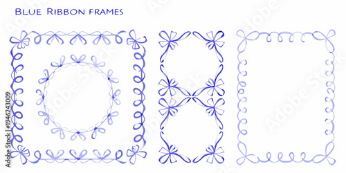 Blue ribbon frame sketches displaying decorative floral and looping designs