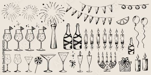 Celebratory sketches featuring fireworks champagne and festive decorations