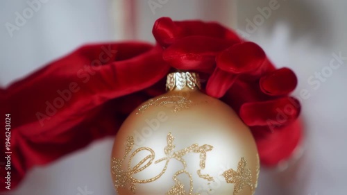 Festive Holiday Ornament Decoration with Red Velvet Gloves.