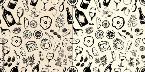 Seamless pattern of hand drawn food and drink elements in black and white