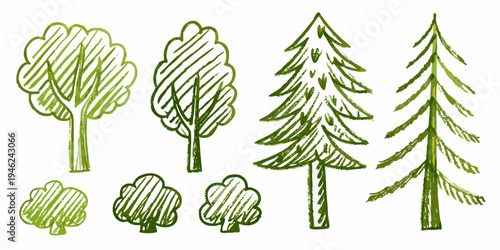 A collection of hand drawn green trees and shrubs in various shapes