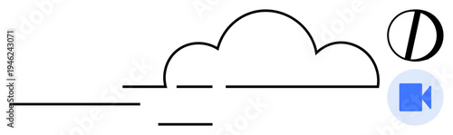Cloud storage, video streaming, technology services, remote communication, digital data, and online content sharing. Outline of a cloud, video icon and adjustment knob. Cloud storage and video