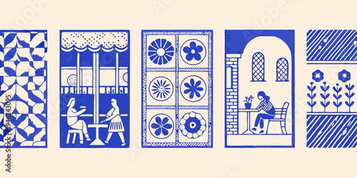 A series of blue and white illustrated panels depicting architectural details and figures
