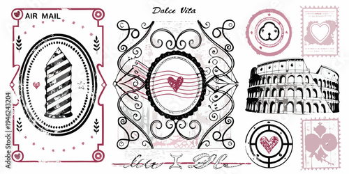 Vintage travel themed collage with postage stamps and italian landmarks