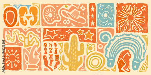 A vibrant retro styled pattern featuring desert and southwestern motifs