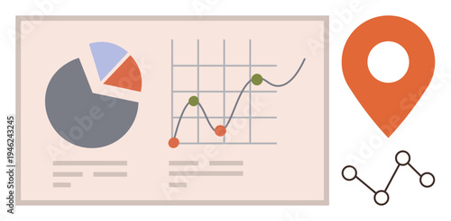 Data analysis, business strategy, market trends, location tracking, financial growth, and decision-making. Pie chart and line graph near a location pin. Data analysis and business strategy visual