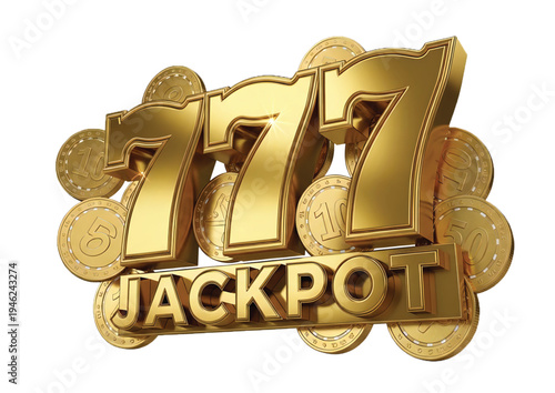 Golden 777 jackpot sign with shiny coins, symbolizing a big win and success in casino gaming, a thrilling moment of fortune and luck