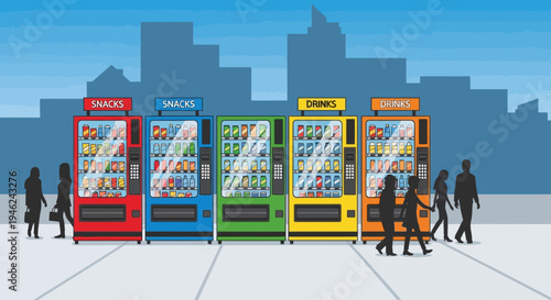 Colorful Vending Machines in City Street with People Silhouettes