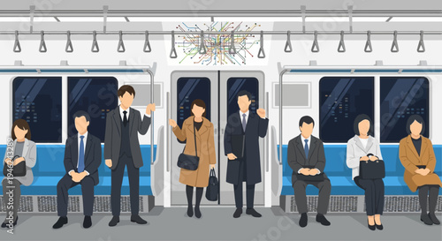 Commuters in Business Attire Inside a Modern Subway Train Car