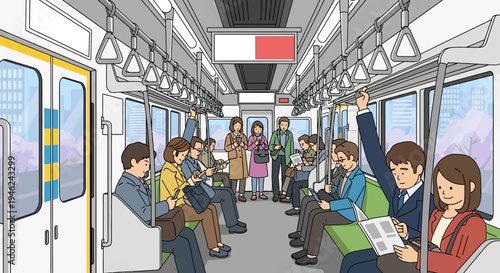 Commuters Traveling in a Modern Subway Train Car Illustration