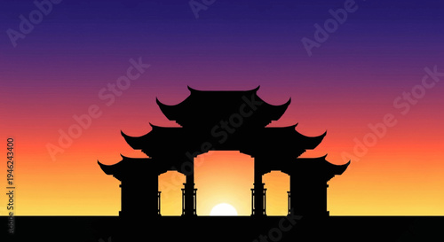 Silhouette of Traditional Chinese Gate at Sunset