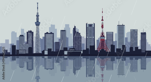 Tokyo City Skyline Silhouette with Rain Effect and Reflection