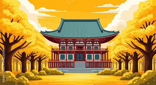 Traditional Japanese Temple in Autumn Forest Illustration