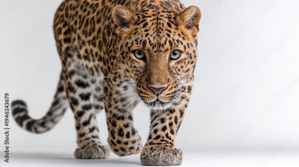 Fototapeta premium Majestic Leopard Walking Elegantly on White Background, Showcasing Striking Spots and Intense Gaze, Symbol of Power and Grace in the Wild, Captivating Wildlife Photography