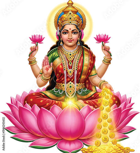 Vibrant illustration of the goddess of prosperity and wealth, seated on a blossoming pink lotus, symbolizing purity and abundance, offering blessings and fortune for well-being