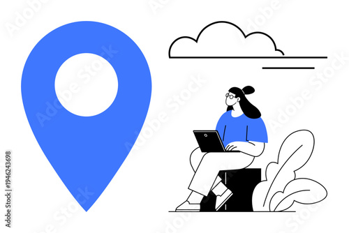 Location concept. Location pin icon with a woman using a laptop in minimal design. Location branding. Ideal for mapping, remote work, and navigation-related projects. navigation, technology, travel