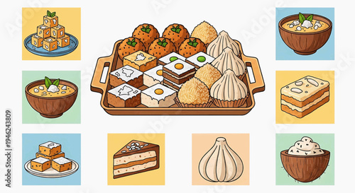 A vibrant collection of traditional Indian sweets and desserts, showcasing a delectable assortment of festive treats for celebrations and cultural gatherings