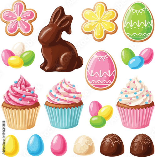 Easter Sweets and Treats Collection with Chocolate Bunny, Cupcakes, and Colorful Gingerbread Eggs